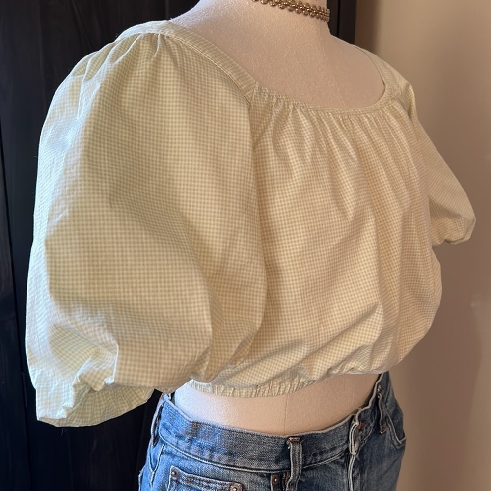 Copper Key gingham green white print cropped top with puff sleeves size large - Picture 4 of 11